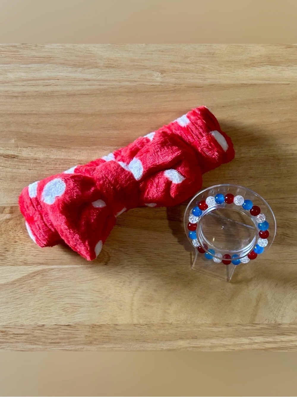 Plush Polka Dot Bow Headband & Beaded Stretch Bracelet